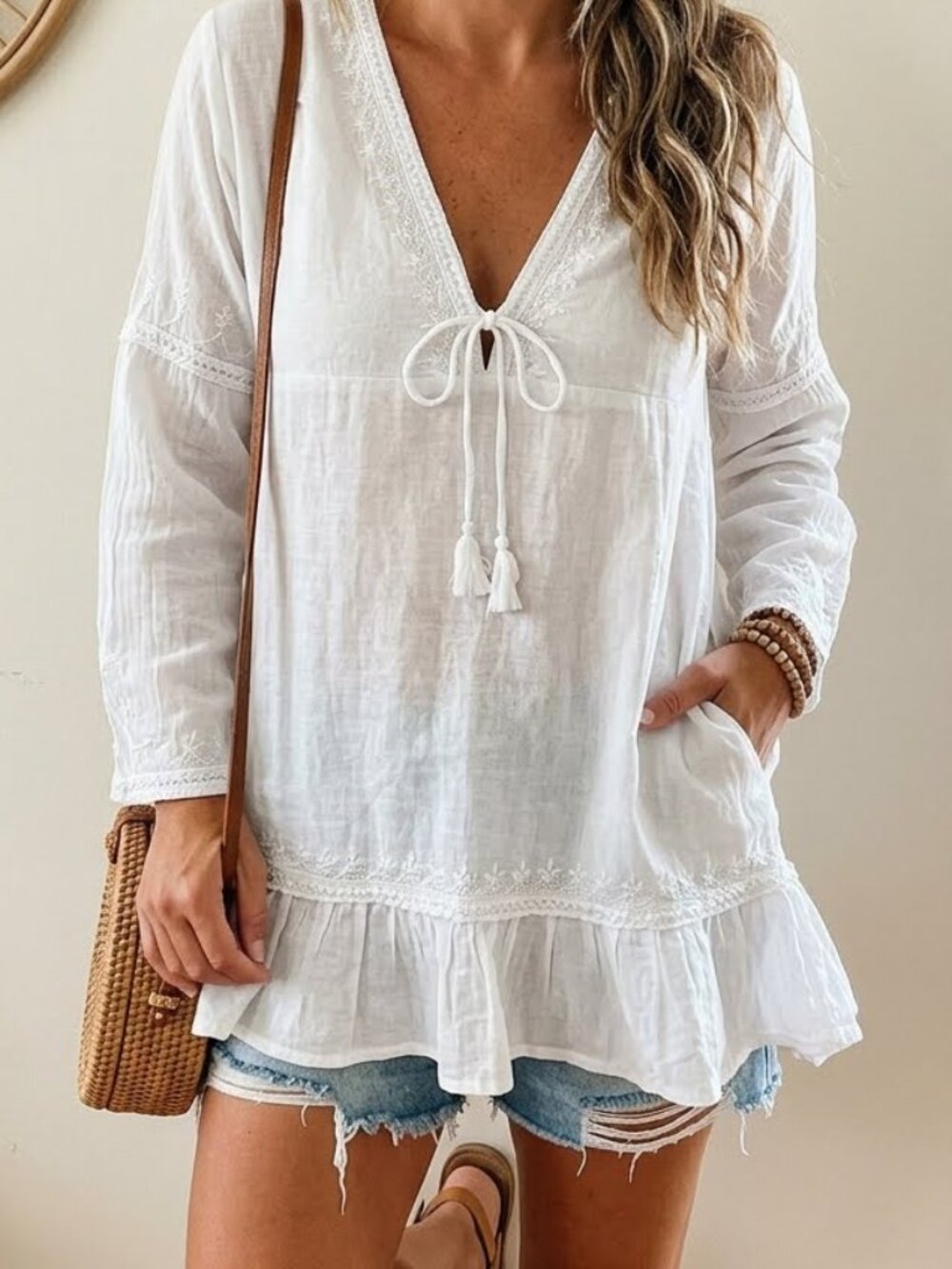 Womens White Lightweight Boho Tunic Beach Cover-up Embroidery Size 5 Ruffled Hem